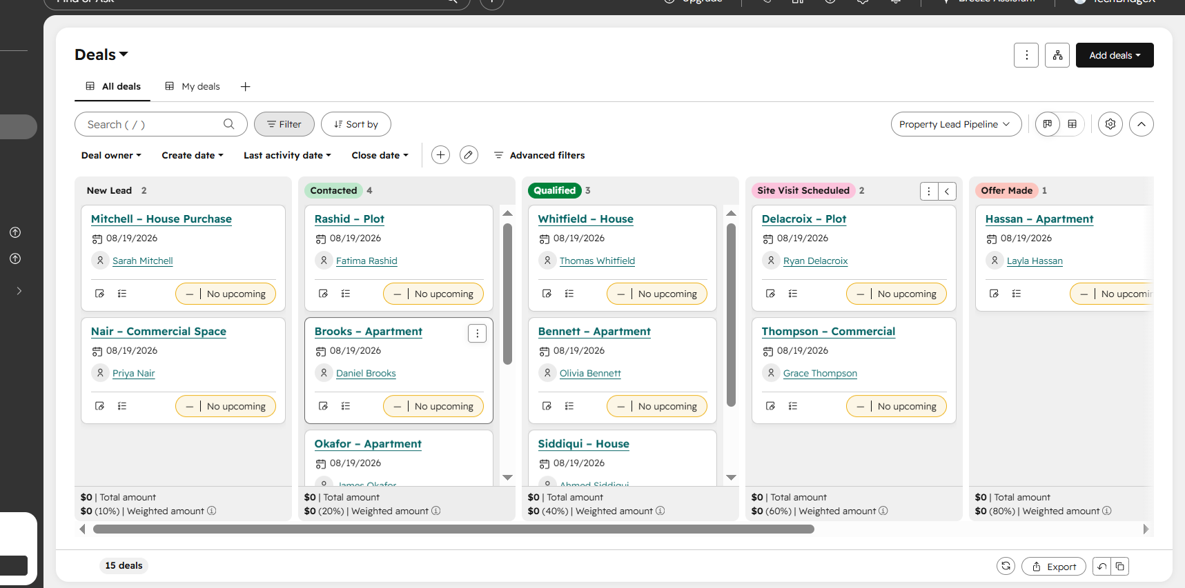 Real estate CRM deals board
