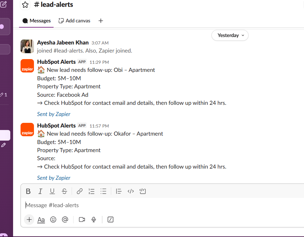 Slack lead alert