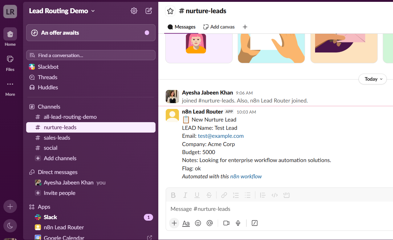 Nurture leads Slack channel