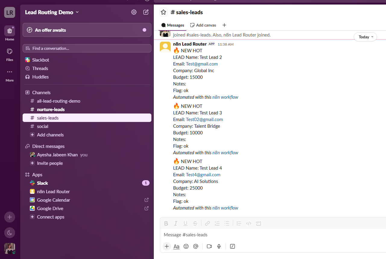Sales leads Slack channel