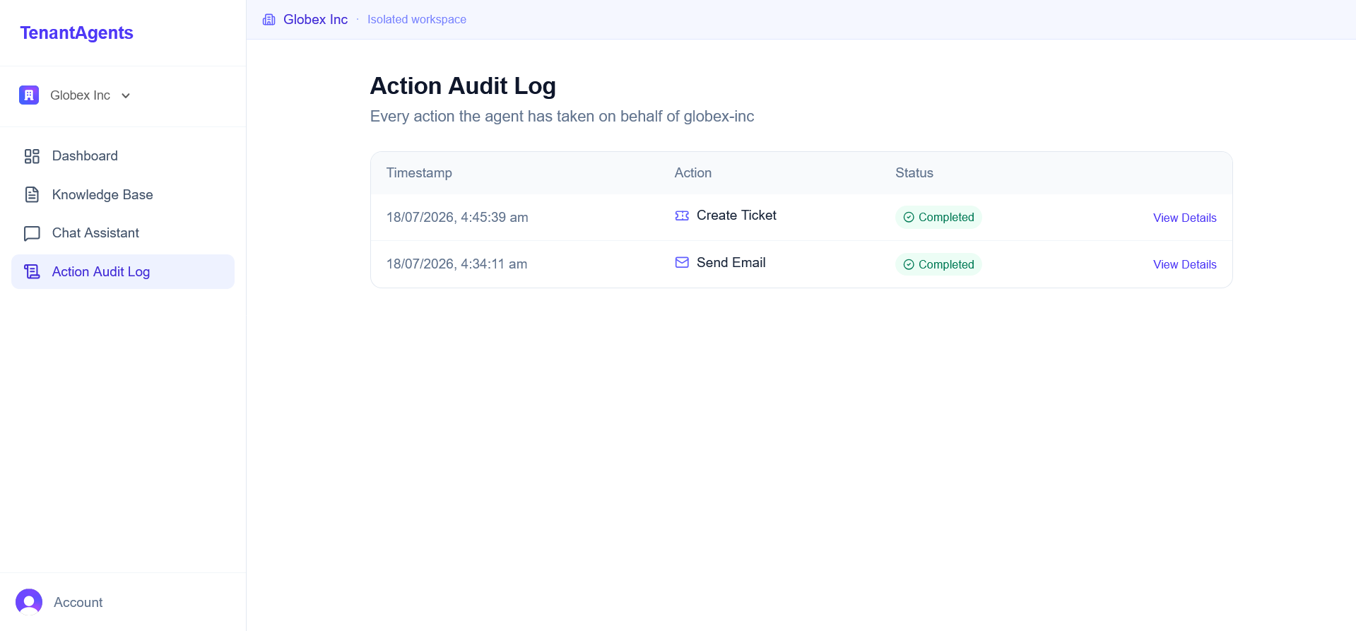 TenantAgents action audit log