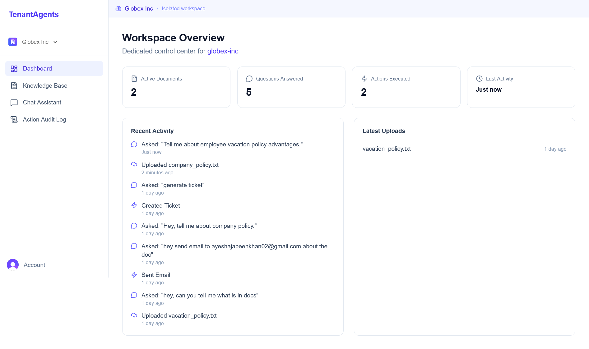 TenantAgents workspace dashboard
