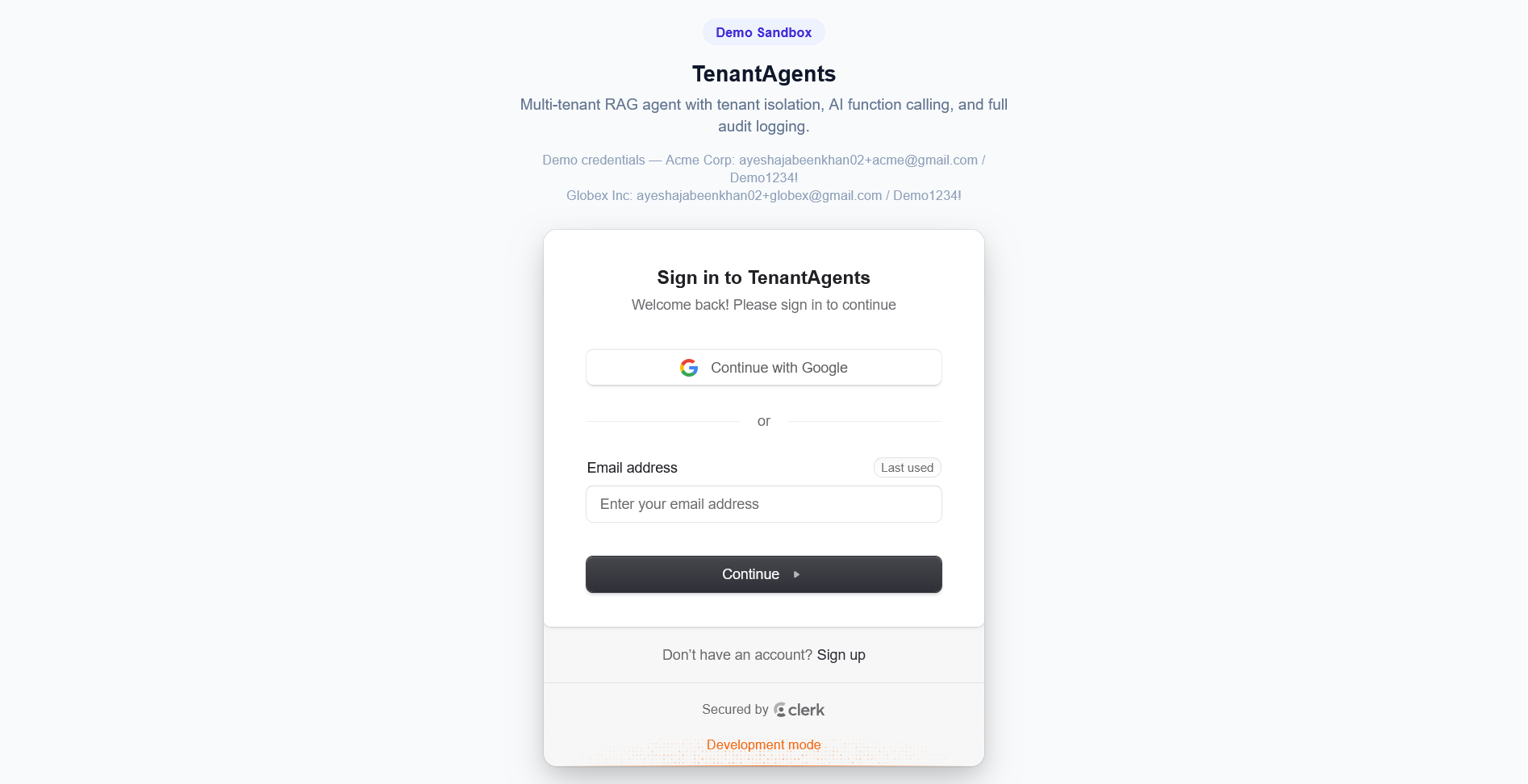 TenantAgents sign in screen